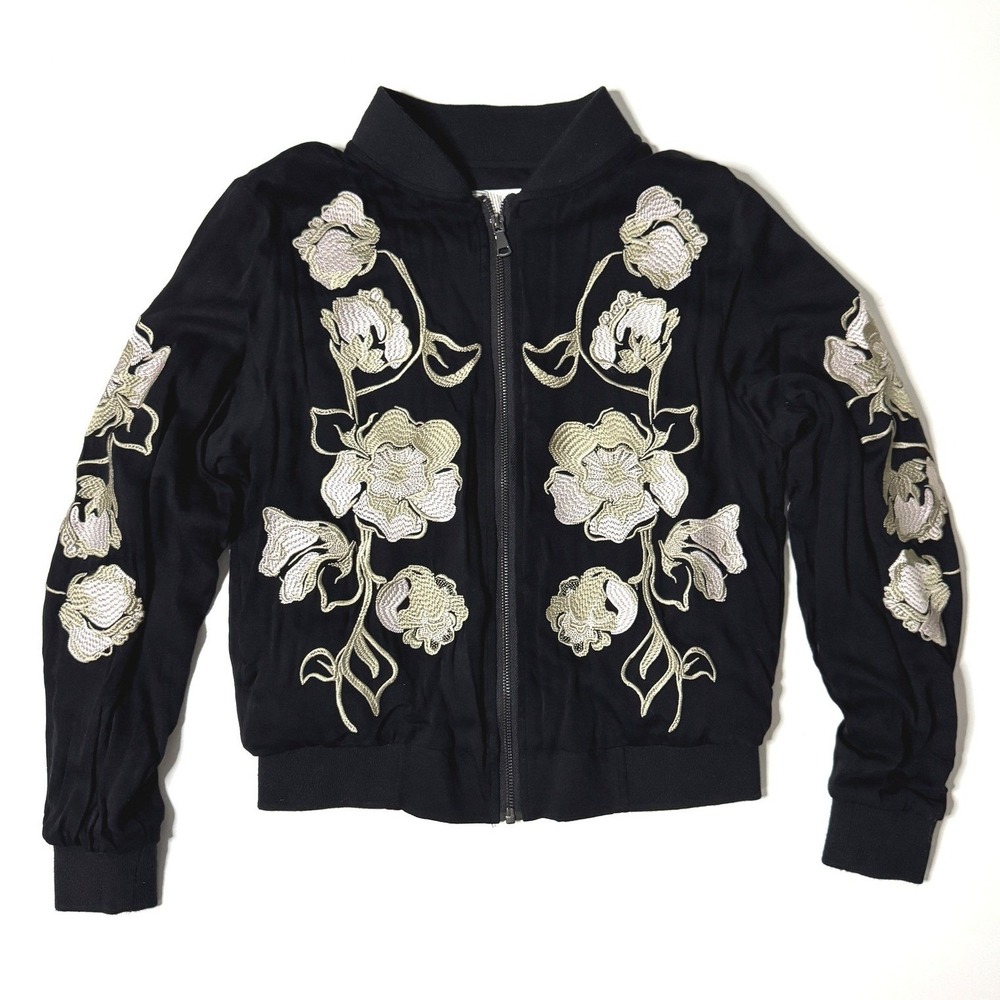 Kimchi Blue Bomber‎ Jacket Floral Embroidered XS Black Rayon NWT *Flaw*